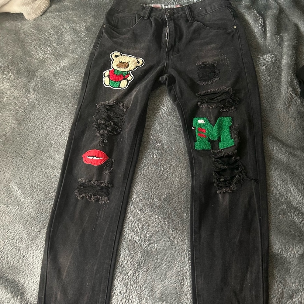 Men's Ripped Slim Fit Black Jeans with Patches